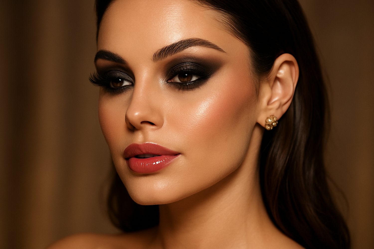 a beautiful women with make up like going to a party. face close up